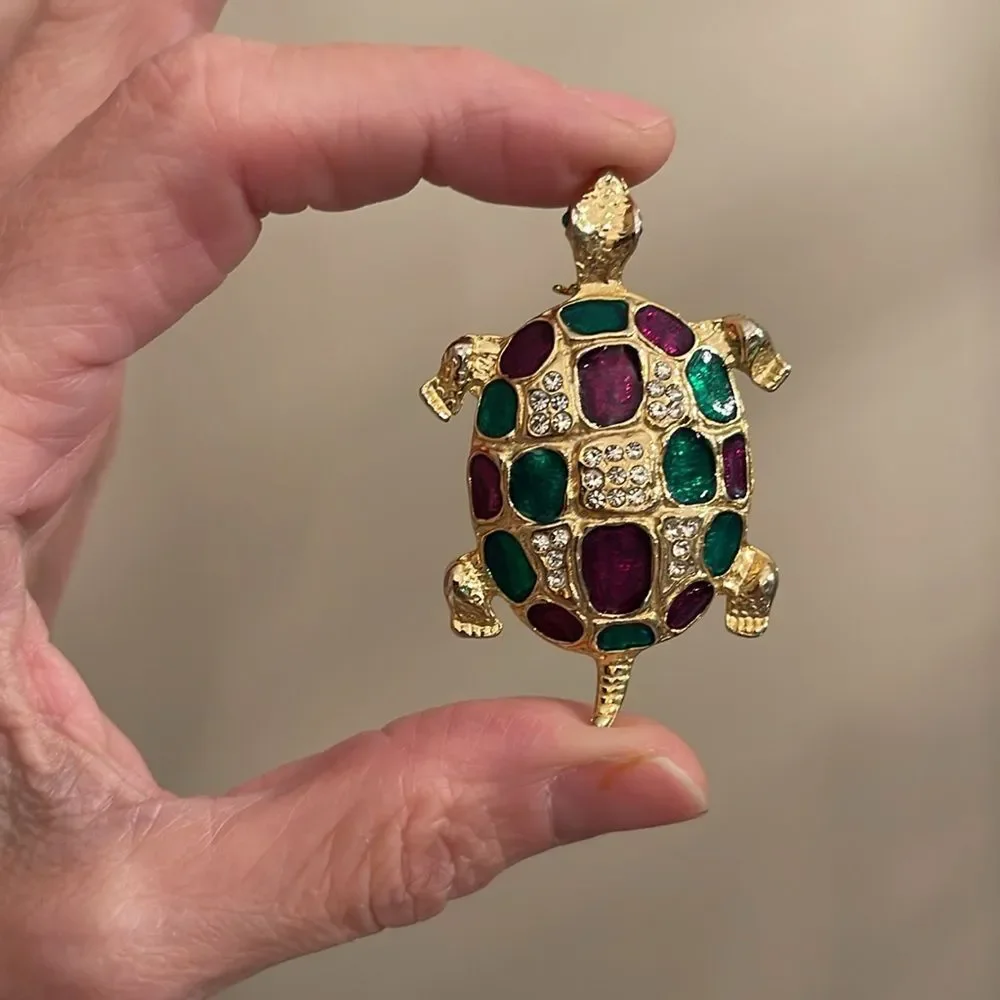 Vintage Gold-tone Rhinestone & Enamel Turtle Pin